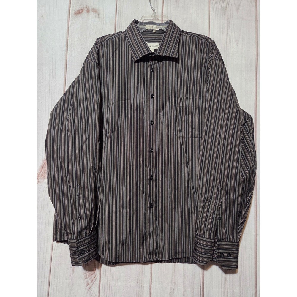 Pronto Uomo Dress Shirt Mens XXL Brown Black Stripe 80s 2-Ply Non-Iron Cotton
